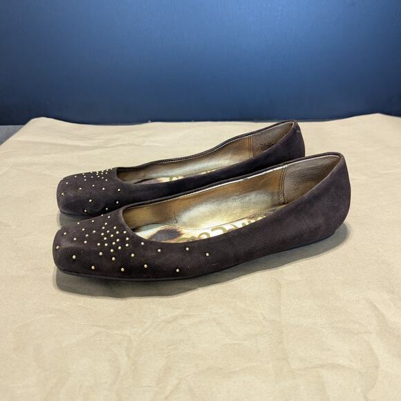 Sam Edelman Jax Brown Suede Ballet Flats Gold Studded Shoes Square Toe Womens 9 - Picture 4 of 7